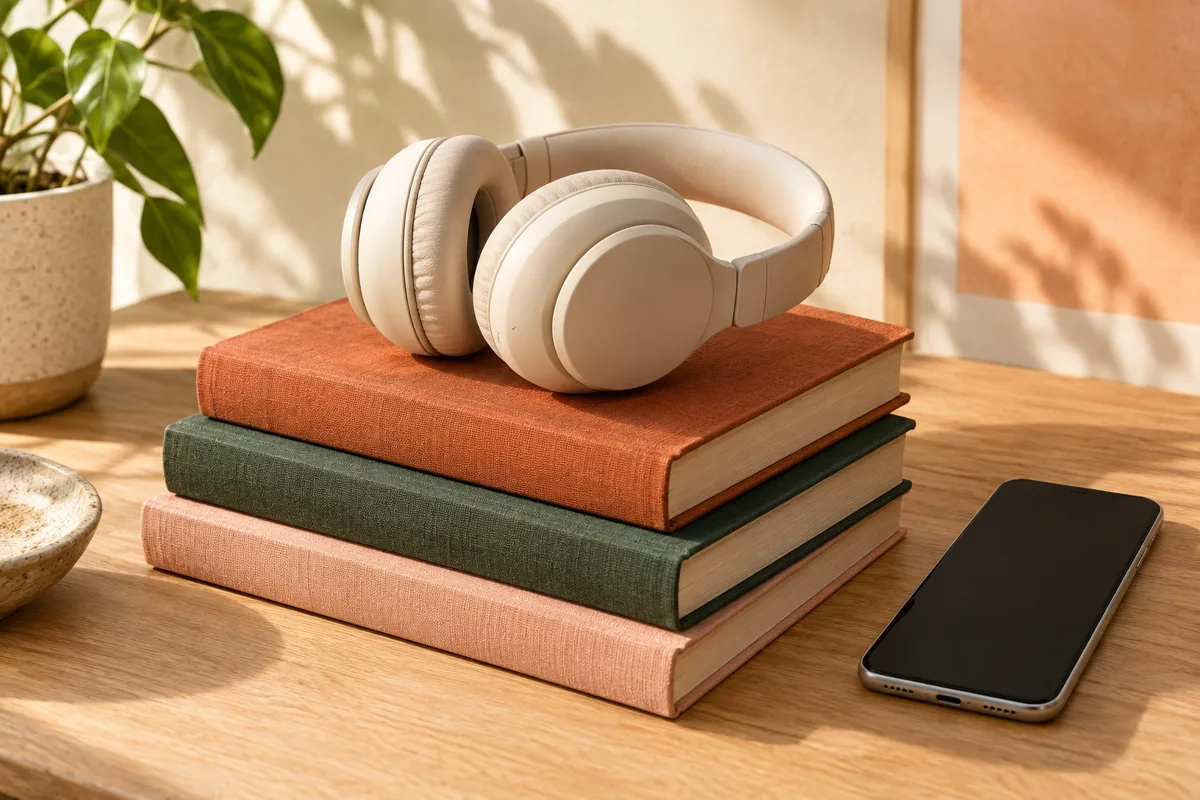 Cream headphones beside books and a phone