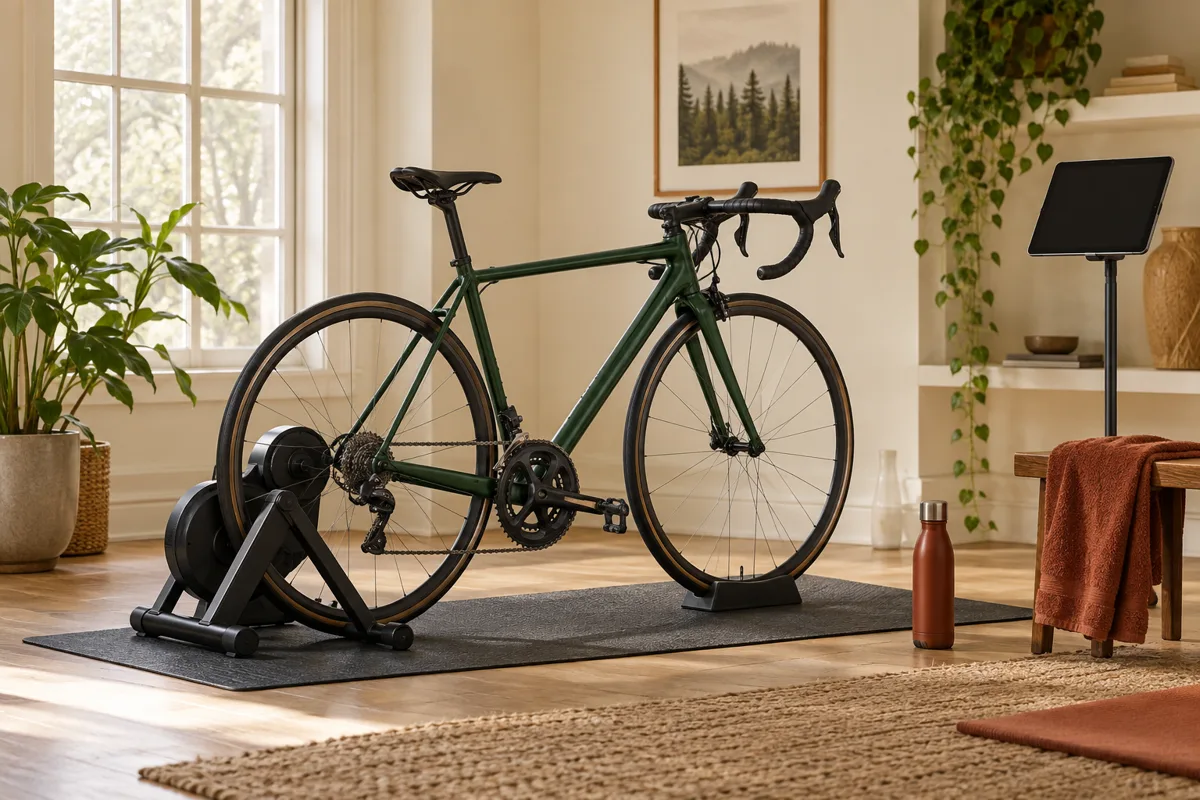 An indoor bike and trainer beside a tablet in a sunlit room