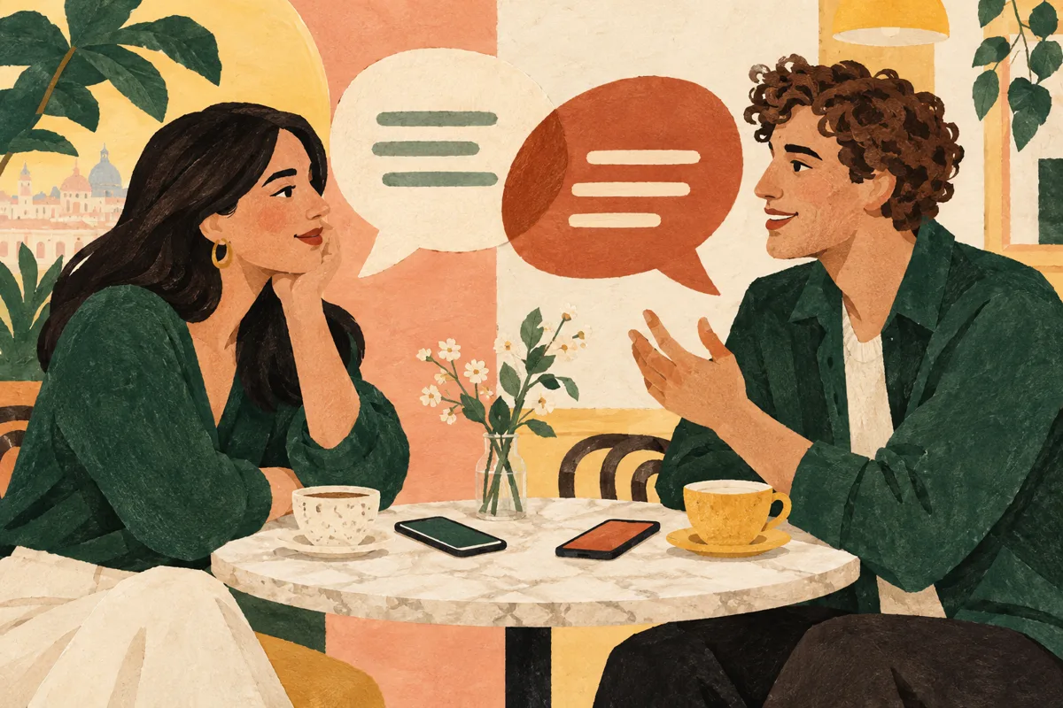 Two people in conversation with overlapping speech bubbles