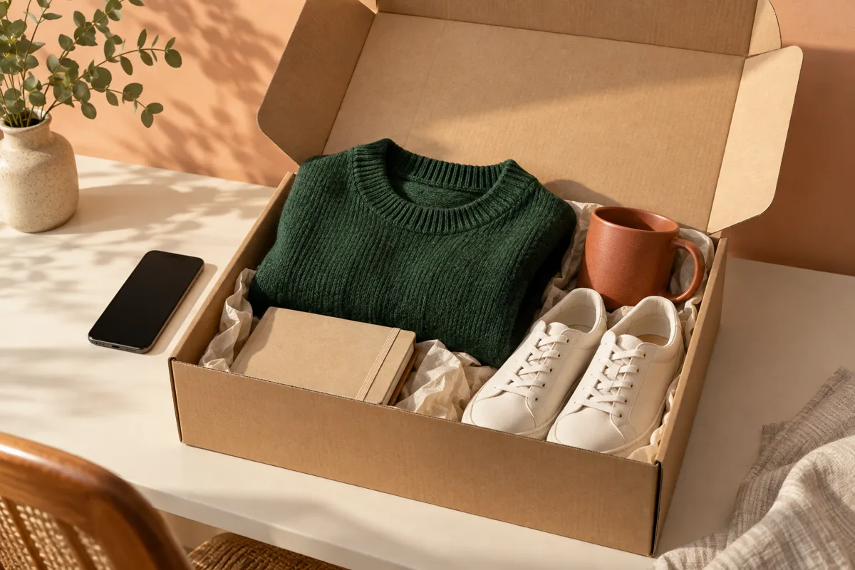 A delivery box with a green sweater, a mug and cream shoes