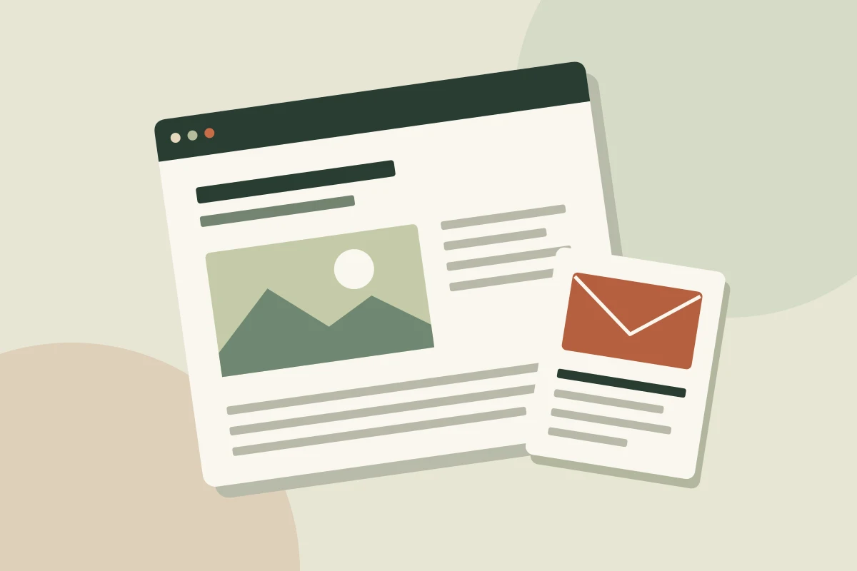 Illustrated article pages and a newsletter on a cream desk